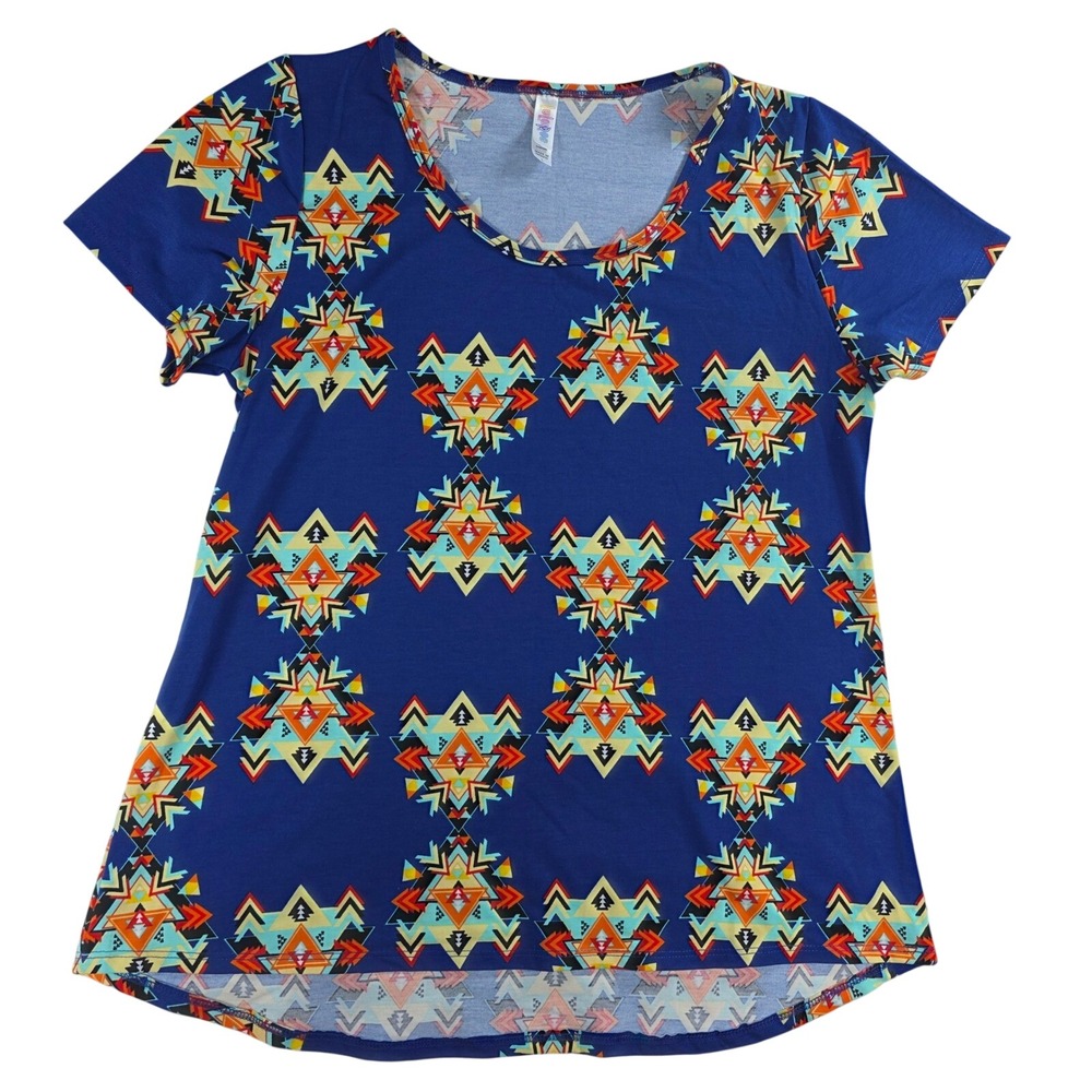 LuLaRoe Women L Blue Geometric Tunic Irma Short Sleeve Southwestern High Low Hem